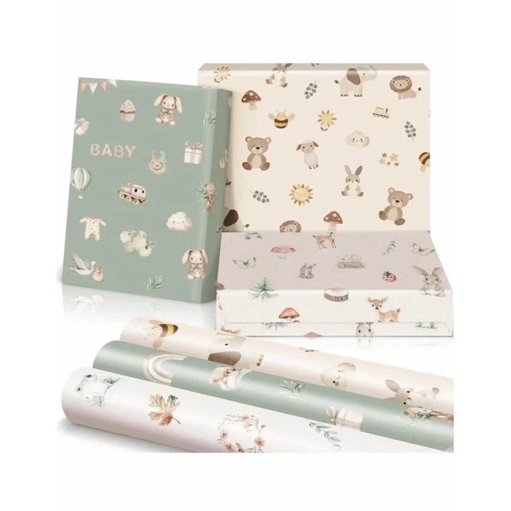 Beautiful‎ Gift Wrapping Paper Rolls for Baby Shower - Cute Set of 3